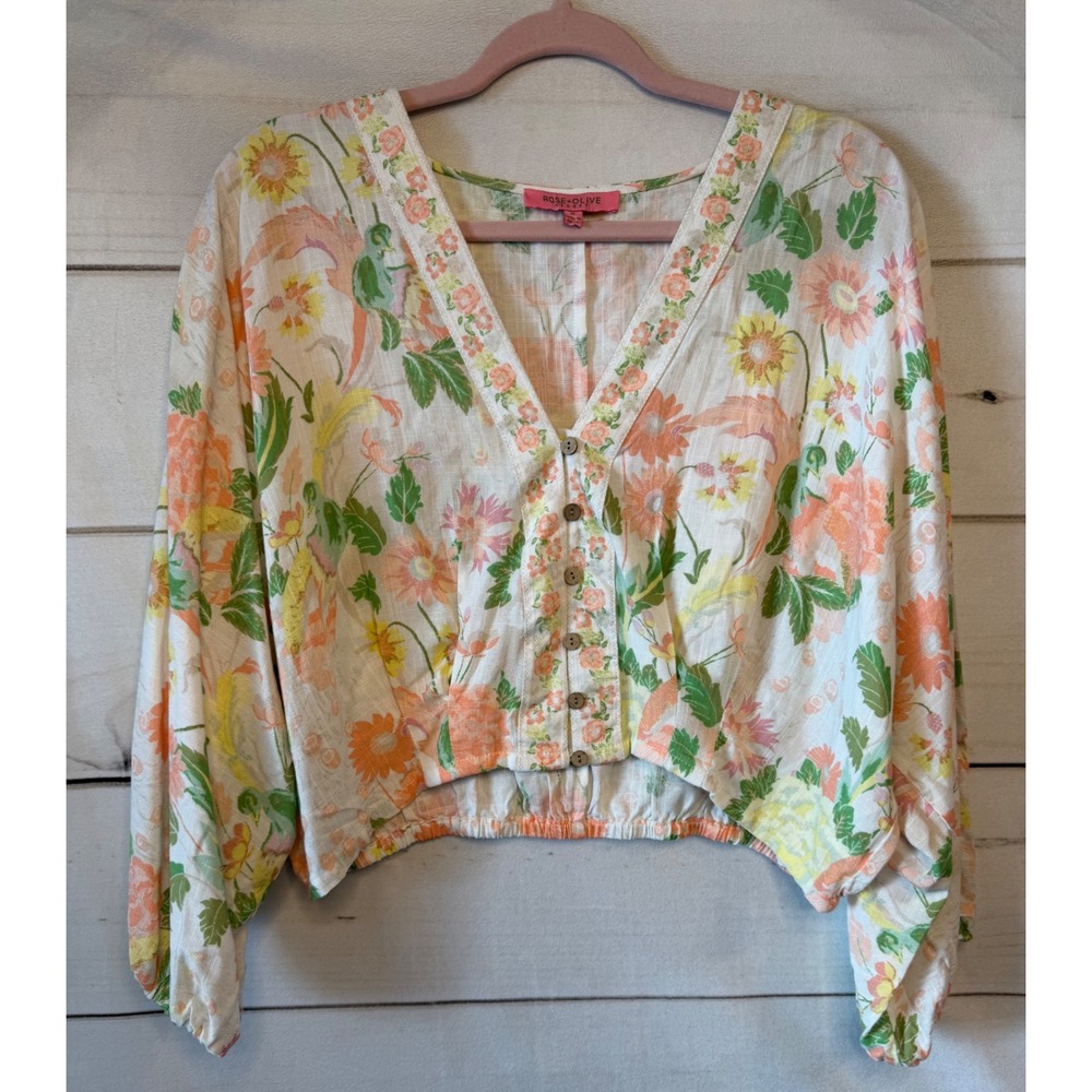 Rose + Olive Resort Floral Button Front Crop Top Orange Yellow Green Womens M